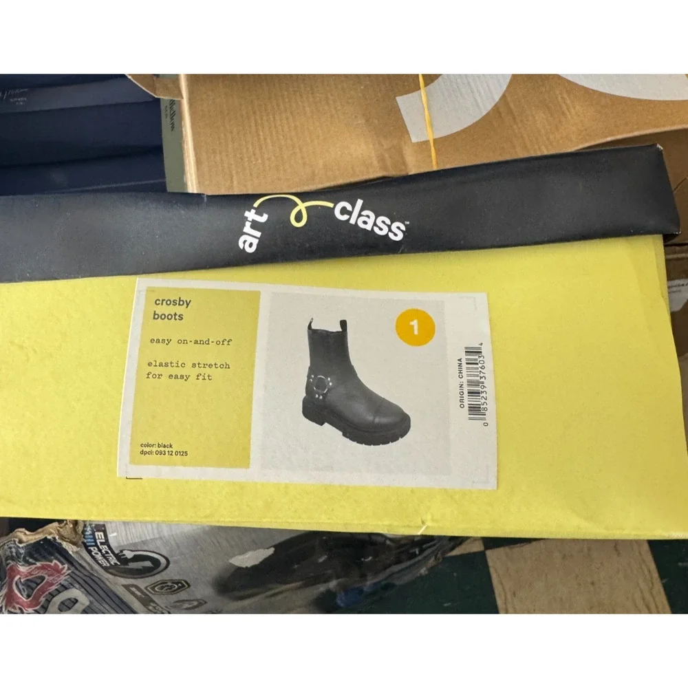 Art Class Kids' Crosby Harness Moto Boots Size 1 Black Medium Width Pull Loops